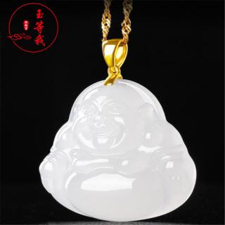 玉等我  和田玉18k金镶嵌笑佛吊坠女弥勒佛玉坠羊脂玉笑佛挂件吊坠