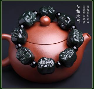 7000年和田玉青玉佛头手链男款双面工雕笑佛罗汉手串